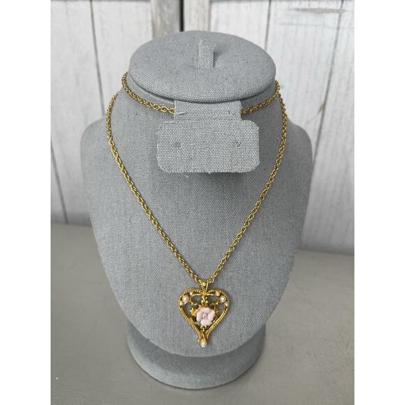 Vintage Avon Heart Necklace Pink Porcelain Rose Gold Tone Rope Chain Pearl 28 in - Picture 2 of 4